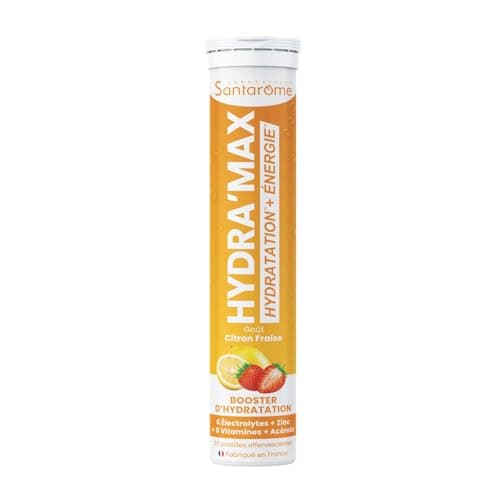 Santarome Bio Hydra'max - Booster d'hydratation et d'énergie - Riches en électrolytes - Goût Ananas Mangue - 20 pastille — Hydra'max - Citron Fraise - Electrolytes - Hydratation - 20 pastilles effervescentes