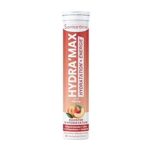 Santarome Bio Hydra'max - Booster d'hydratation et d'énergie - Riches en électrolytes - Goût Ananas Mangue - 20 pastille — Hydra'max - Thé pêche - Electrolytes - Hydratation - 20 pastilles effervescentes