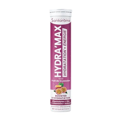 Santarome Bio Hydra'max - Booster d'hydratation et d'énergie - Riches en électrolytes - Goût Ananas Mangue - 20 pastille — Hydra'max - Fruit de la passion - Electrolytes - Hydratation - 20 pastilles effervescentes