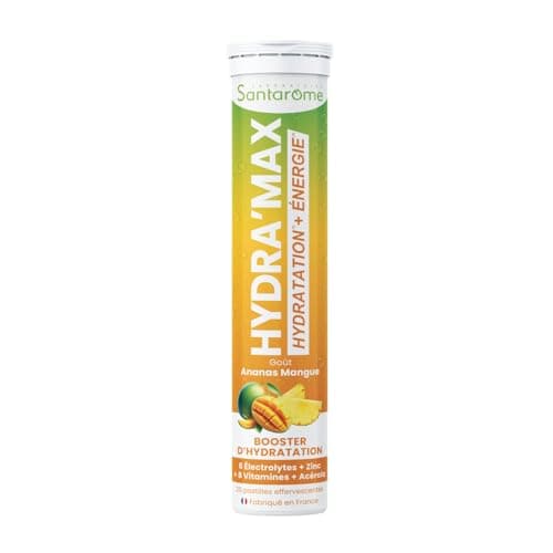 Santarome Bio Hydra'max - Booster d'hydratation et d'énergie - Riches en électrolytes - Goût Ananas Mangue - 20 pastille
