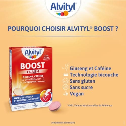 Alvityl Comprimés Boost Effervescents Ginseng et Caféine - 10 Vitamines - 2 Minéraux - 15 Ans + - 20 Jours - Rouge - 20