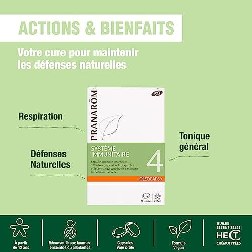 PRANARÔM Oléocaps Système Immunitaire Huiles Essentielles Ciblées aux Élémentaires Eucalyptus Radié, Citron, Gingembre,