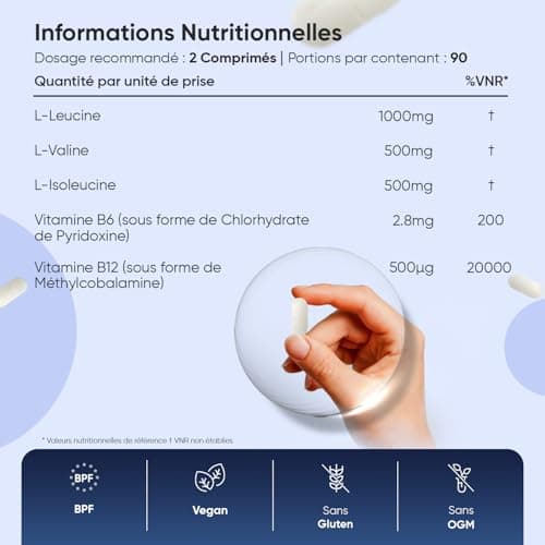 BCAA 2000 mg avec Vitamine B6 & B12 – Acides aminés Essentiels |1.1 – L-Leucine, L-Isoleucine, L-Valine - Alternative à