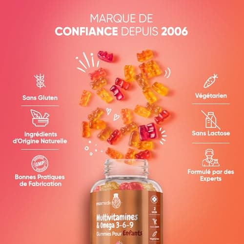 Multivitamines et Minéraux Oméga 3 6 9 Enfant 120 Gummies, Goût Framboise et Orange, Immunité et Croissance