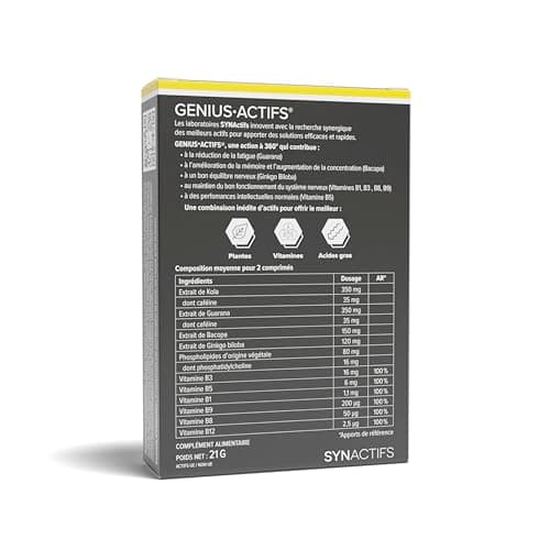 Geniusactifs - Mémoire & Concentration - Ginkgo Biloba, Caféine, Guarana - 15 Jours De Prise - 30 Comprimés - Aragan