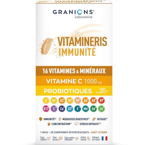 GRANIONS VITAMINERIS IMMUNITE | Vitamine C 1000mg, Vitamine A, 16 Vitamines et Minéraux, Immunité et Santé, Concentratio