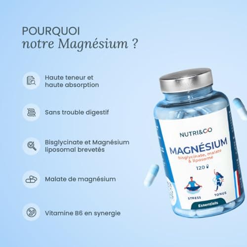 NUTRI & CO Magnésium Bisglycinate Malate & Liposome & Vitamine B6 Haute Teneur 300mg/j Haute Absorption Supérieure Franc