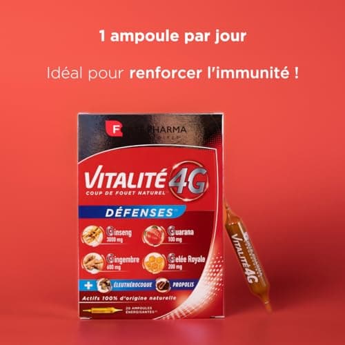 Forté Pharma Vitalité 4G Défenses Complément Alimentaire Energie Ginseng Ginger Guarana Gelée Royale 20 ampoules Boost é