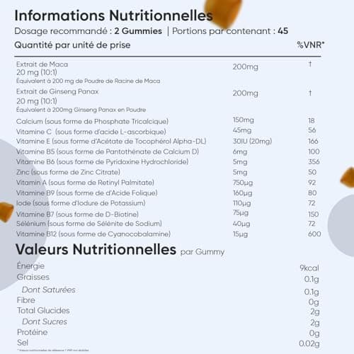 Multivitamines Homme Gummies 90 Pièces Vegane avec Maca et Ginseng Panax, Vitamines C, B et A, Zinc et Sélénium, Goût Pê