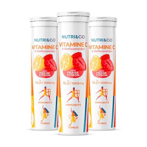 NUTRI & CO Vitamine C 1000mg & Bioflavonoïdes Goût Citron-Fraise - 45 jours - Lot de 3x 15 Comprimés Effervescents Vegan