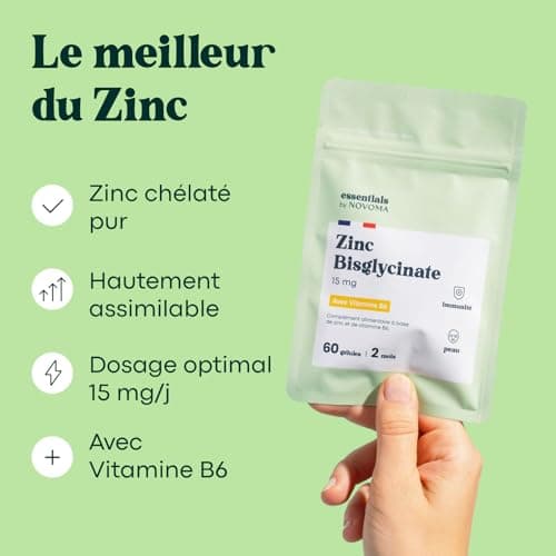 Zinc Bisglycinate + Vitamine B6 Essentiels by Novoma - Renforce l'Immunité & Combat l'Acné, Optimisation de l'Assimilati