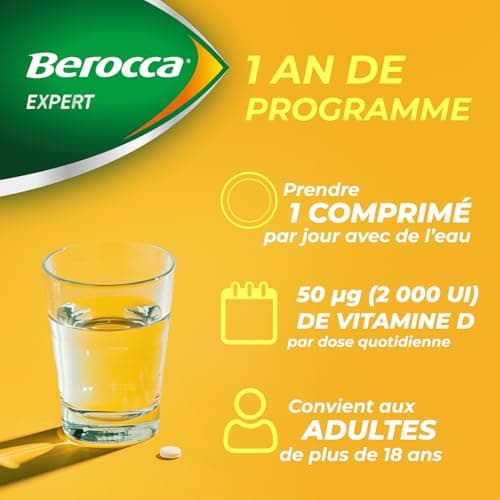 Berocca Expert Vitamine D3 2000 UI – Complément Alimentaire Immunité Os Muscles Dents – 365 Comprimés Végétariens Haut D