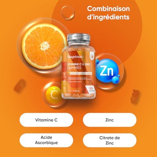 Vitamine C Gummies avec Zinc - 200mg + 6mg Vit C & Zinc, Gommes Vegan Naturelles, pour Adultes et Enfants dès 3 Ans (120