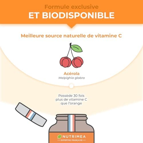 ACEROLA BIO Naturelle Fortement Concentrée en Vitamine C Réduit la Fatigue & Protège du Stress Oxydatif - Nutrimea 30 Co