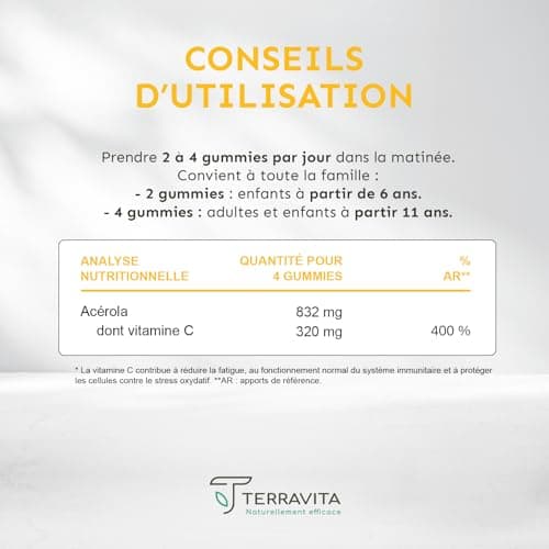 Vitamines C Terravita Gummies Enfants & Adultes | Energie - Tonus - Immunité | 1 Gummy = 100% des AR | 60 Gummies sans S