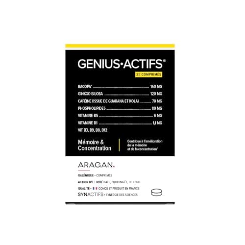 Geniusactifs - Mémoire & Concentration - Ginkgo Biloba, Caféine, Guarana - 15 Jours De Prise - 30 Comprimés - Aragan