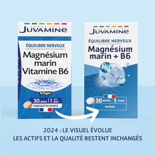 JUVAMINE Magnésium Marin 300mg + Vitamine B6 - Comprimés pour Réduire le Stress et la Fatigue - 30 Comprimés (1 Mois d'A