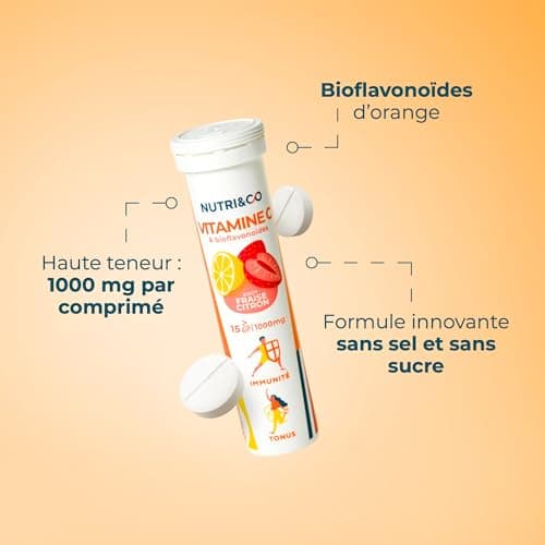 NUTRI & CO Vitamine C 1000mg & Bioflavonoïdes Goût Citron-Fraise - 45 jours - Lot de 3x 15 Comprimés Effervescents Vegan