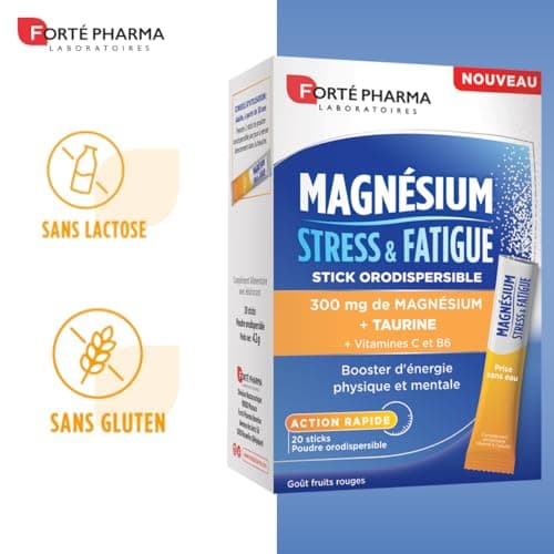 Forté Pharma - Magnésium pour Stress & Fatigue, Sticks à Effet Rapide - Boost Énergie Mentale et Physique, 20 Sticks Ora
