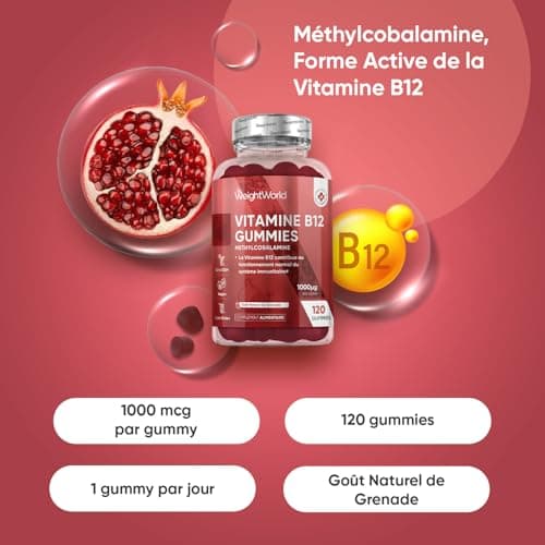 Vitamine B12 Méthylcobalamine 1000mcg 120 Gummies pour Adultes - 4 Mois d'Approvisionnement Goût de Grenade - Sans OGM e
