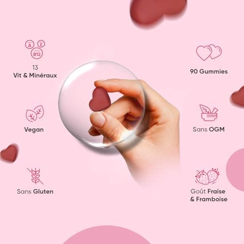 Multivitamines Femme Gummies Vegan 13 Vitamines Minéraux, Vitamine C E A B Zinc Iode Acide Hyaluronique Omega 6 9 90 Gum