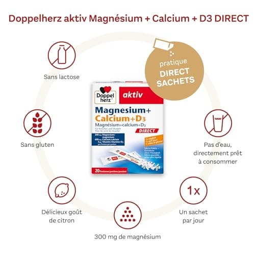 Doppelherz Magnésium + Calcium + D3 Direct pour Adultes - Soutien Musculaire - 20 Sachets