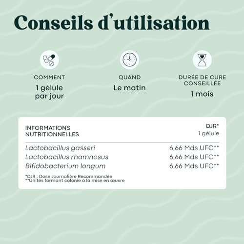 Probiotique Flore Intestinale Lactobacillus Gasseri + Rhamnosus + Bifidobacterium, 20 Milliards UFC/Jour, 30 Gélules Veg