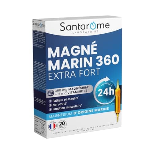 Santarome Magné Marin 360 Extra Fort 45 Comprimés - Comprimes pour Adultes - Sou soulagement - Prandial - Formule renfor — Magnésium Marin 360 Extra Fort - Réduit la Fatigue & Diminue la Nervosité - 20 ampoules