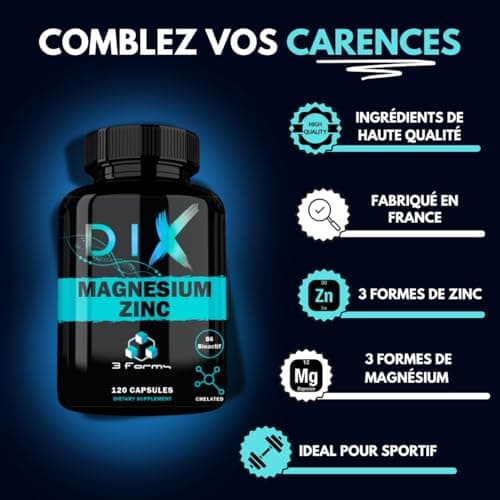 Magnésium Bisglycinate Malate Citrate + Vitamine B6 Bioactive + Zinc + Aléatoire pour les sportsifs + Fabriqué en France
