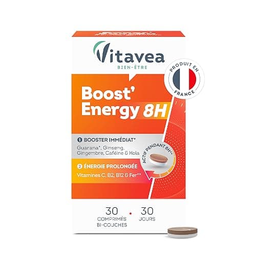 Vitavea - Booster Energie Immédiate et Prolongée 8H - 30 Comprimés Réduisent La Fatigue avec Guarana Ginseng Cafeine Vit