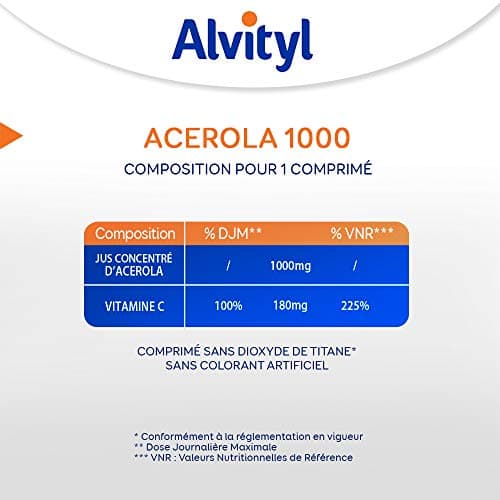 Alvityl - Comprimés Acerola 1000mg Vitamine C - 30 comprimés 1/jour - Supplément Antioxydant Naturel - Pour Immunité & É