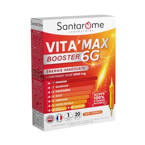 Santarome VITA'MAX Caféine & Taurine Booster, Comprimés Énergétiques pour Adultes, Matinée Énergisante, 20 Comprimés — Vita'max Booster 6G - 20 ampoules