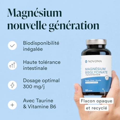 NOVOMA Magnésium Bisglycinate & Taurine & Vitamine B6 - Combат la Fatigue & le Stress - 300mg/j - 120 Gélules - Hautemen