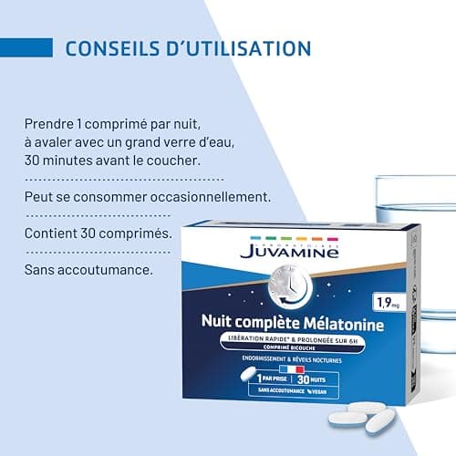 JUVAMINE Nuit Complète Mélatonine 1,9 mg Endormissement Réveils Nocturnes Programme 1 Mois 30 Comprimés Bicouche Fabrica