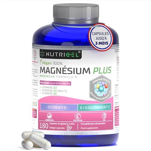 Magnésium Bisglycinate et Citrate 2177mg avec Vitamines B6, D3 et K2 - Haute Absorption - Combattre le Fatigue et le Str