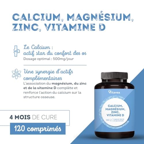 Vitavea Calcium, Magnésium, Zinc, Vitamine D3 - Complexe santé osseuse, énergie et immunité - 120 Comprimés