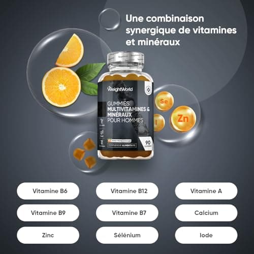 Multivitamines Homme Gummies 90 Pièces Vegane avec Maca et Ginseng Panax, Vitamines C, B et A, Zinc et Sélénium, Goût Pê