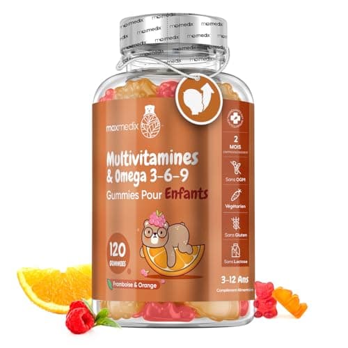 Multivitamines et Minéraux Oméga 3 6 9 Enfant 120 Gummies, Goût Framboise et Orange, Immunité et Croissance