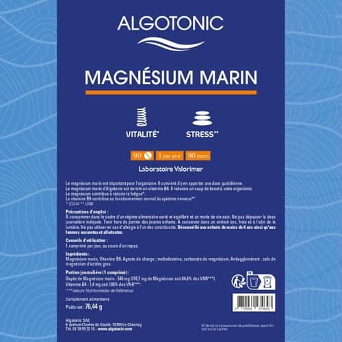 Algotonic Magnésium Marin Vitamine B6 546 mg/comprimés - 90 Comprimés - Cure 90 jours - 100% naturel - Vitalité - Renfor