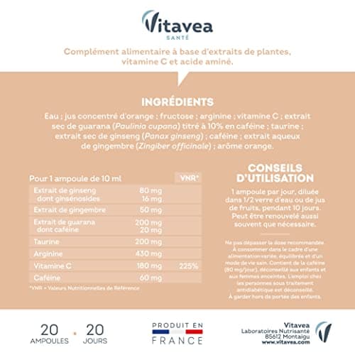 Vitavea - Force G Power Max Renforcer Énergie Immédiate - Ginseng, Gingembre, Guarana, Taurine, Arginine, Vitamine C, Ca
