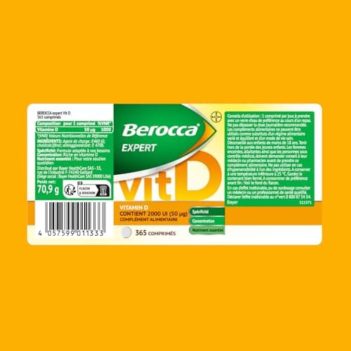Berocca Expert Vitamine D3 2000 UI – Complément Alimentaire Immunité Os Muscles Dents – 365 Comprimés Végétariens Haut D