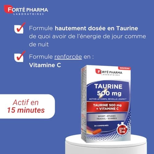 Forté Pharma Taurine 500mg – Boost d’énergie en 15 min, Complément alimentaire renforcé en vitamine C, 30 comprimés 1/jo
