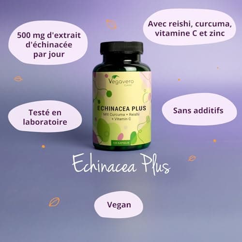 Vegavero® Complexe Échinacée Immunité | Vitamine C, Reishi, Curcuma & Zinc | Supplément Vegan Sans Additifs | 120 Gélule
