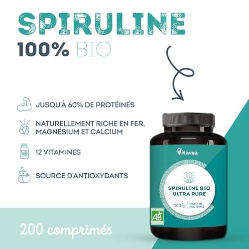 Spiruline Vitavea - Pure, Riche en Protéines et Phycocyanine - Immunité & Lutte contre la Fatigue - 200 Comprimés Vegan,