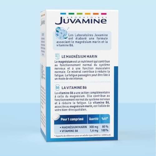 JUVAMINE Magnésium Marin 300mg + Vitamine B6 - Comprimés pour Réduire le Stress et la Fatigue - 30 Comprimés (1 Mois d'A