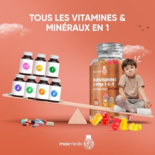 Multivitamines et Minéraux Oméga 3 6 9 Enfant 120 Gummies, Goût Framboise et Orange, Immunité et Croissance