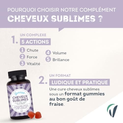 Vitavea Gummies Cheveux Sublimes - Favorise la Pousse - Biotine, Levure de Bière, Kératine, Zinc, Collagène - Anti-Chute