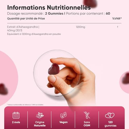 Ashwagandha Gummies Vegan 1200mg, Framboise, Ginseng Indien pour 2 Mois - Bon Alternative aux Gélules