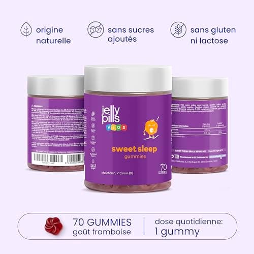 Mélatonine pour Enfants & Vitamine B6 - Jelly Pills Véganes 70 Gummies - Sans Sucres Ajoutés - Goût Fruits Rougesésean