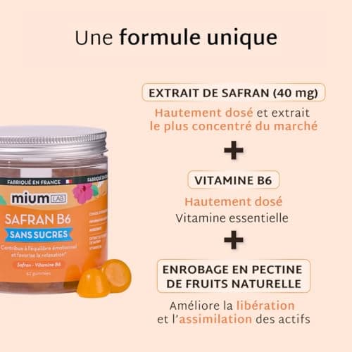 Mium Lab Gummis de Safrane pour Enfants & Adultes - Sans Sucre, Hautement Dosé en Safran & Vitamine B6 - Fabriqué en Fra